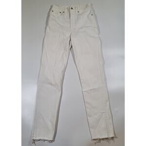 White High Rise Straight Leg Cropped Raw Hem Jeans Casual Denim